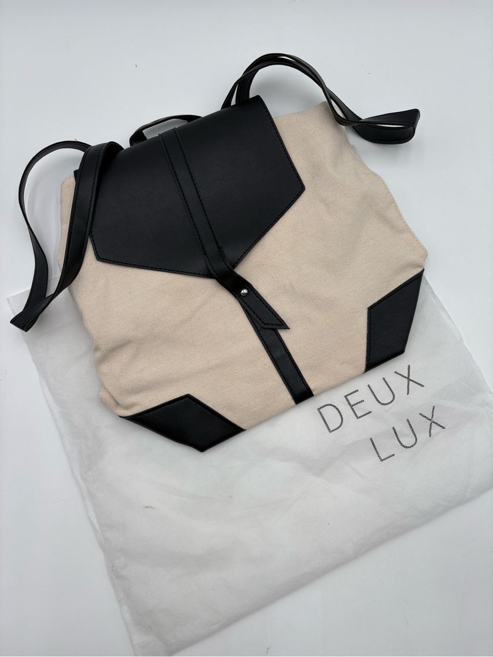DEUX LIX Tan Canvas with Black Vegan Leather Trim Backpack Tote‎